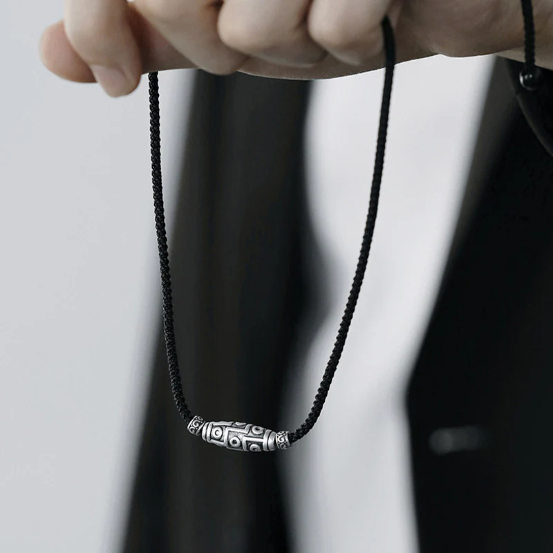 999 Sterling Silver Nine Eye Dzi Bead Pattern Protection Rope Necklace Pendant