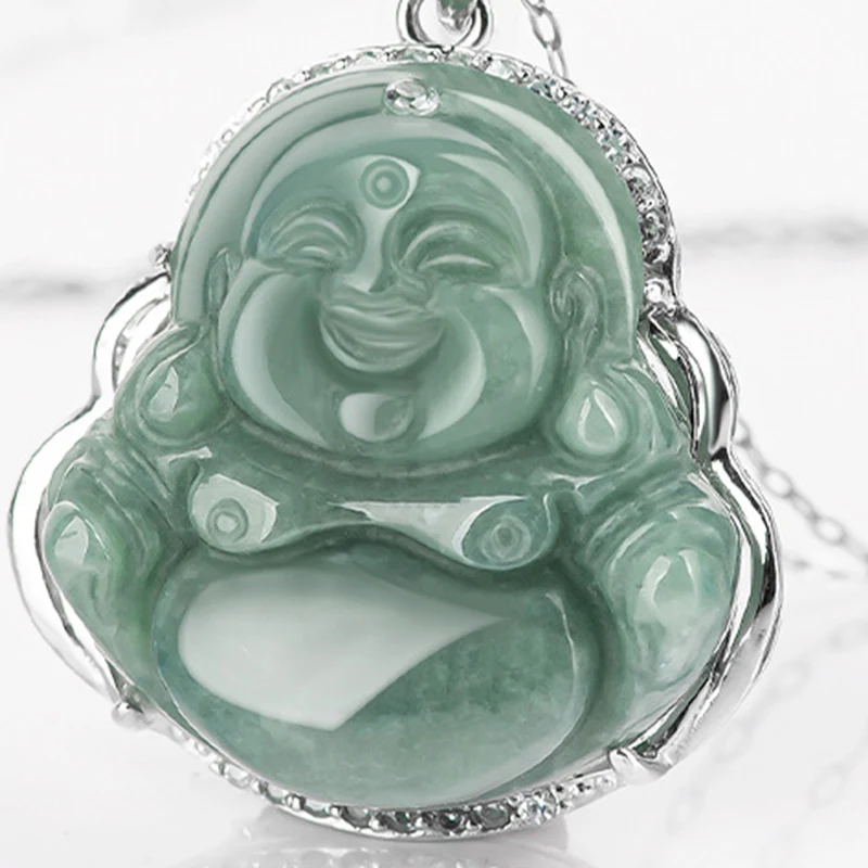 Renbeads 925 Sterling Silver Laughing Buddha Jade Abundance Necklace Chain Pendant
