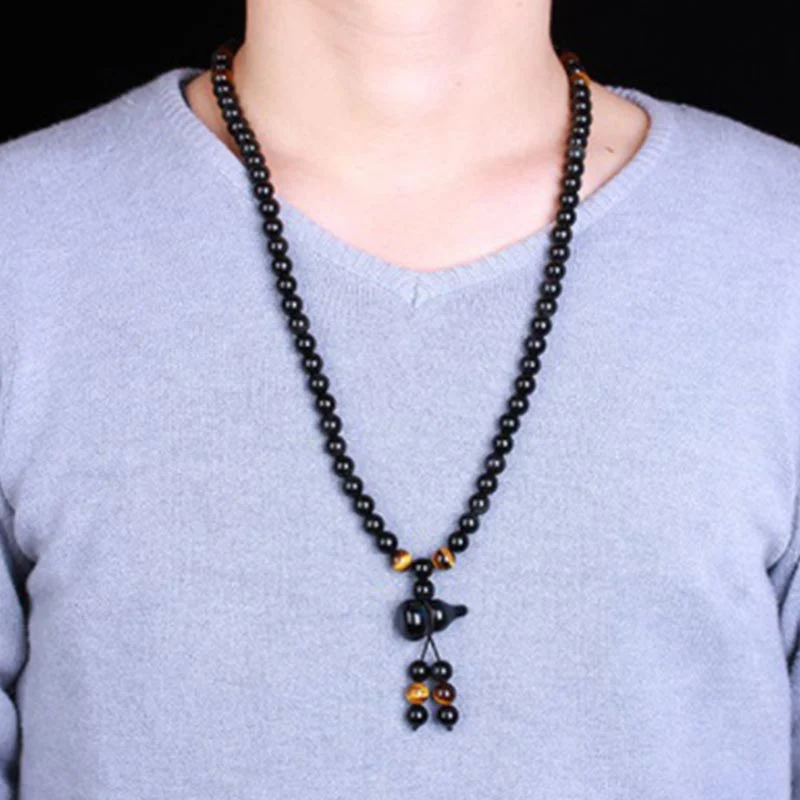 Renbeads Natural Black Obsidian Rainbow Obsidian Gourd Blessing Bracelet Mala