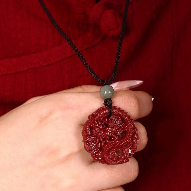 Year Of The Dragon Natural Cinnabar Jade Bead Copper Coin Wealth - Attracting Necklace Pendant