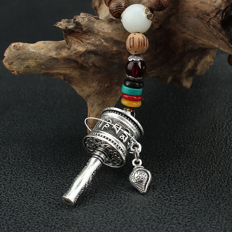 Tibetan Om Mani Padme Hum Prayer Wheel Rotating Vajra Wood Necklace Pendant