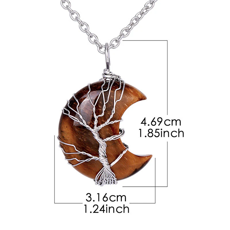 Natural Quartz Crystal Moon Tree of Life Healing Energy Necklace Pendant