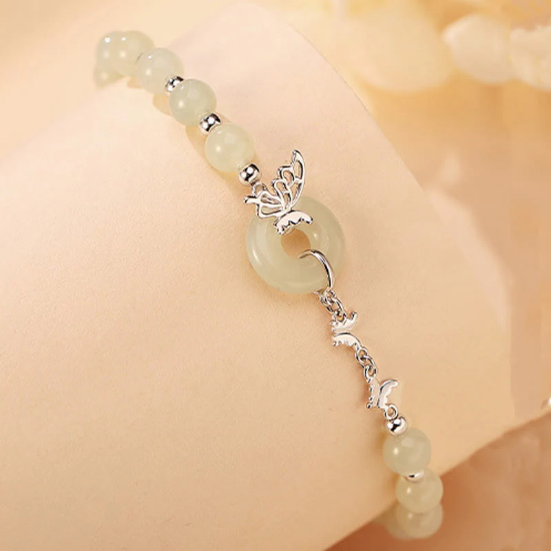 925 Sterling Silver Natural Jade Peace Buckle Butterfly Luck Prosperity Bracelet Necklace Pendant