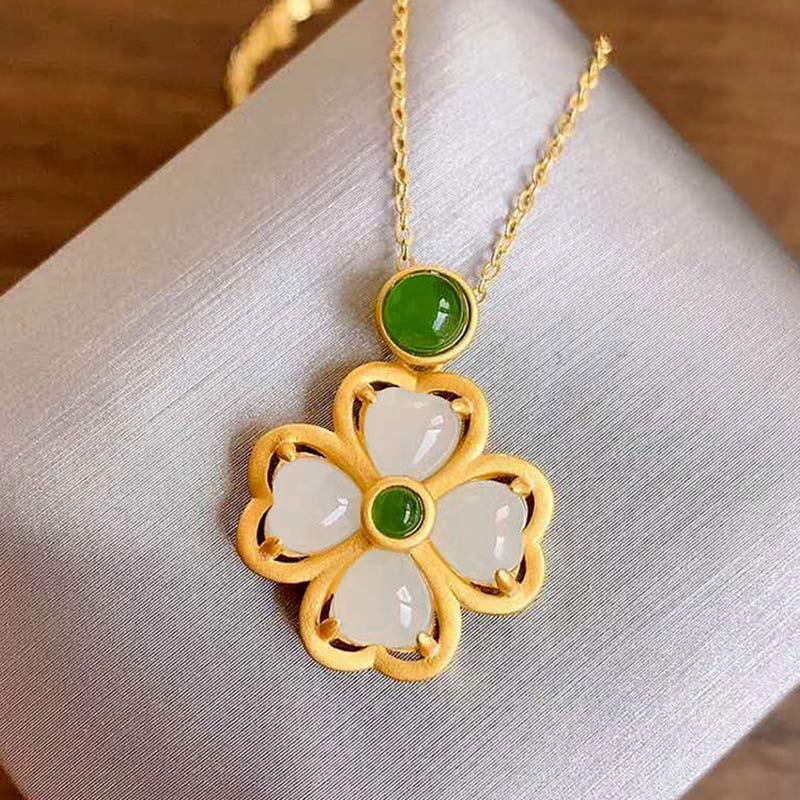 925 Sterling Silver Lucky Four Leaf Clover Jade Prosperity Necklace Pendant