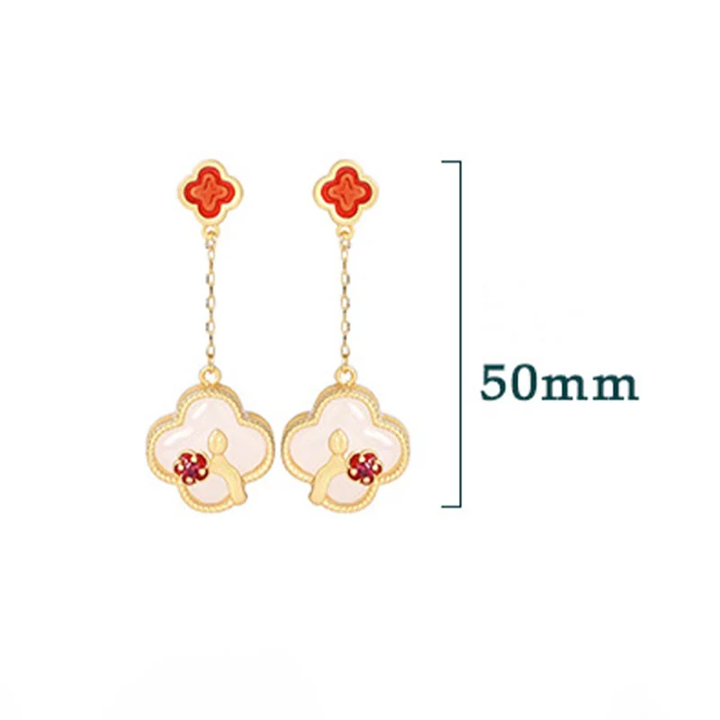 24K Gold Plated White Jade Four Leaf Clover Plum Blossom Luck Necklace and Earrings Set