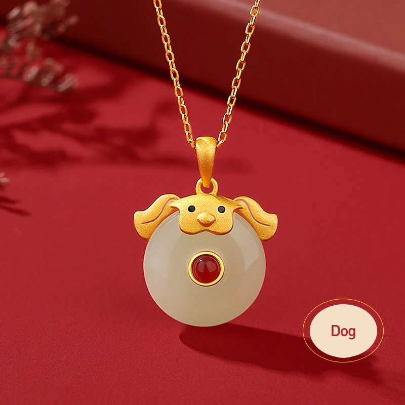 925 Sterling Silver Hetian Jade Chinese Zodiac Year of the Dragon Red Agate Luck Protection Necklace Pendant