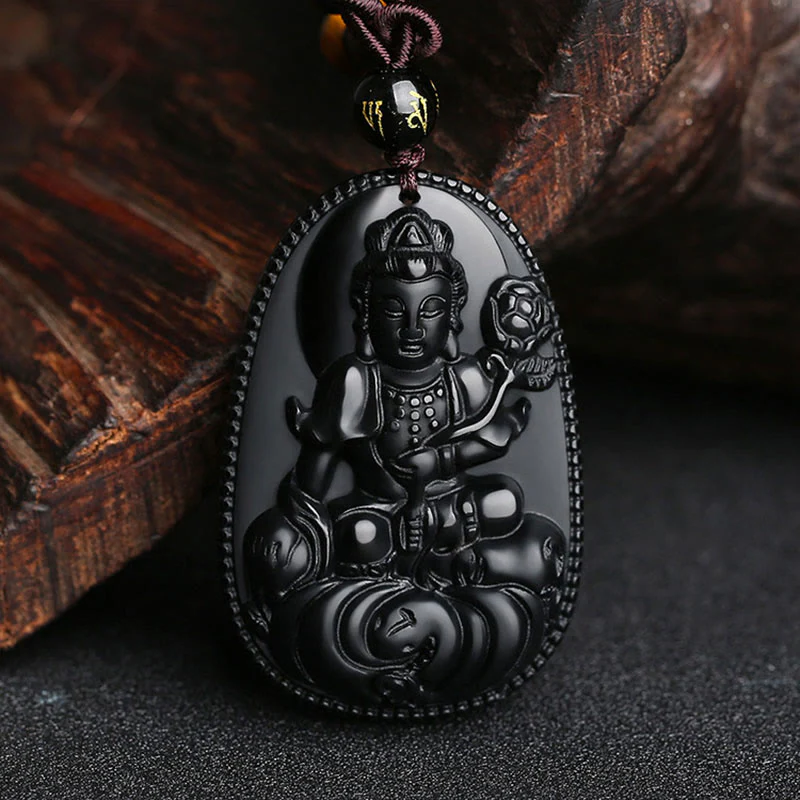 Chinese Zodiac Buddha Natural Black Obsidian Purification Necklace Pendant