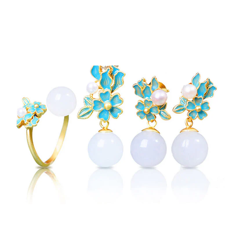 White Jade 925 Sterling Silver Pearl Flower Blessing Necklace Pendant Ring Earrings