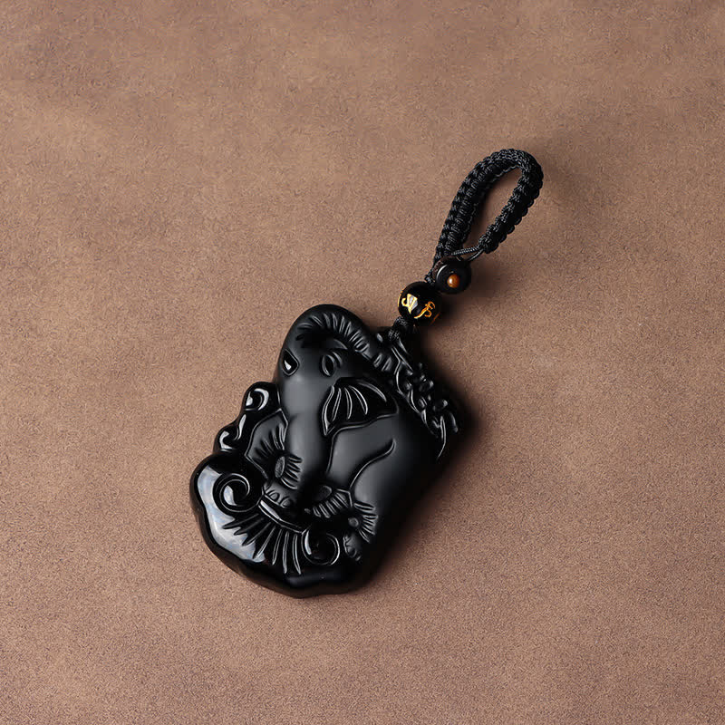 Black Obsidian Elephant Protection Necklace Pendant Keychain
