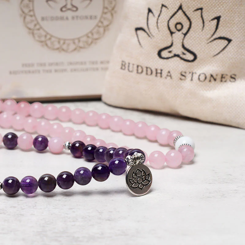 Renbeads Natural Rose Quartz & Amethyst Mala Bead Lotus Pendant Bracelet