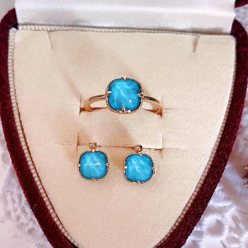 925 Sterling Silver Plated Gold Turquoise Protection Ring, Earrings, and Necklace Pendant Set