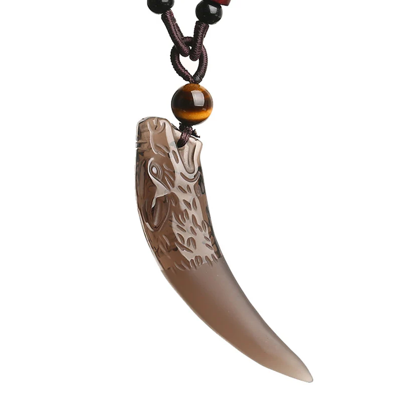 Natural Ice Obsidian Wolf Tooth Pattern Necklace Pendant