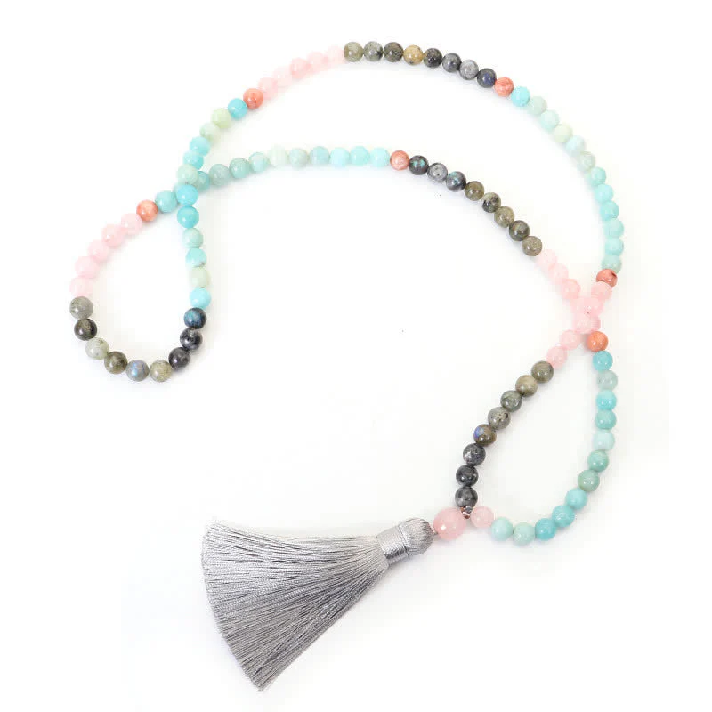 108 Beads Amazonite Black Glitter Stone Positive Tassel Bracelet