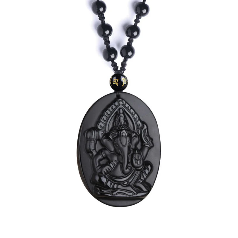 Tibetan Obsidian Elephant Wealth Amulet Necklace