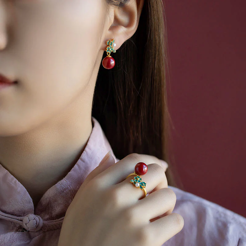 925 Sterling Silver Plated Gold Cinnabar Pearl Flower Jewelry Set