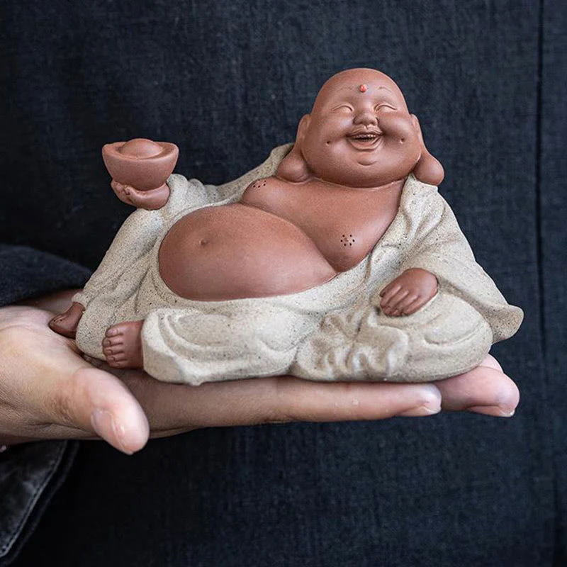 Laughing Buddha Ingots for Wealth Attraction Purple Clay Maitreya Statue Decoration