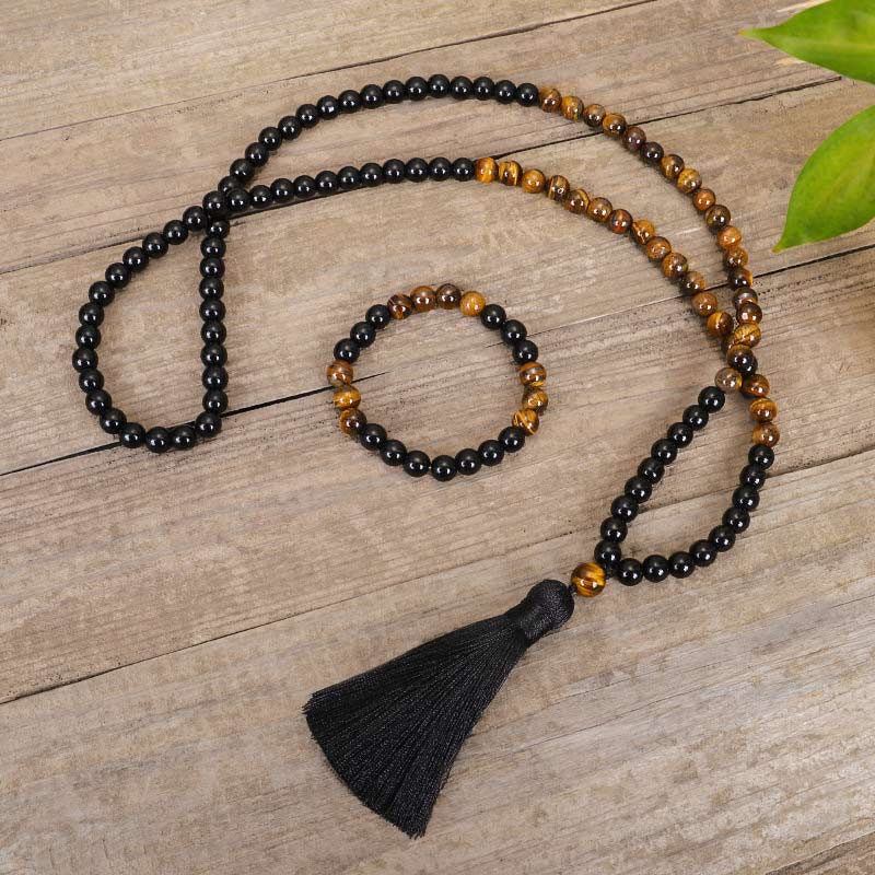 Renbeads Tibetan Black Onyx Tiger Eye Protection Necklace Mala Set