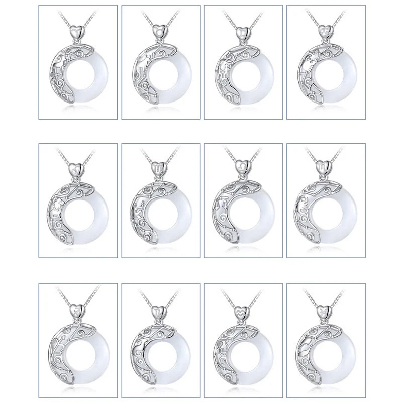 925 Sterling Silver 12 Zodiac Constellations Cat's Eye Love Support Necklace Pendant