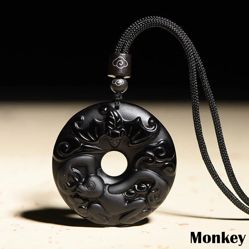 Chinese Zodiac Natural Black Obsidian Peace Buckle Strength Necklace Pendant
