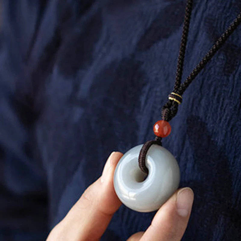 Natural Round Gray Jade Peace Buckle Luck Necklace Pendant