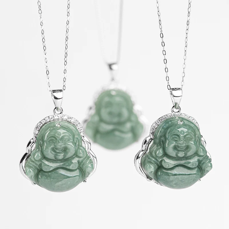 Renbeads 925 Sterling Silver Laughing Buddha Jade Abundance Necklace Chain Pendant