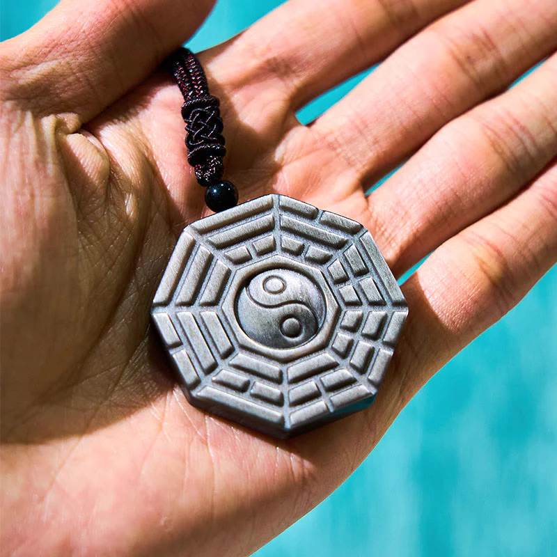 Silver Sheen Obsidian Bagua Yin Yang Symbol Protection Necklace Pendant