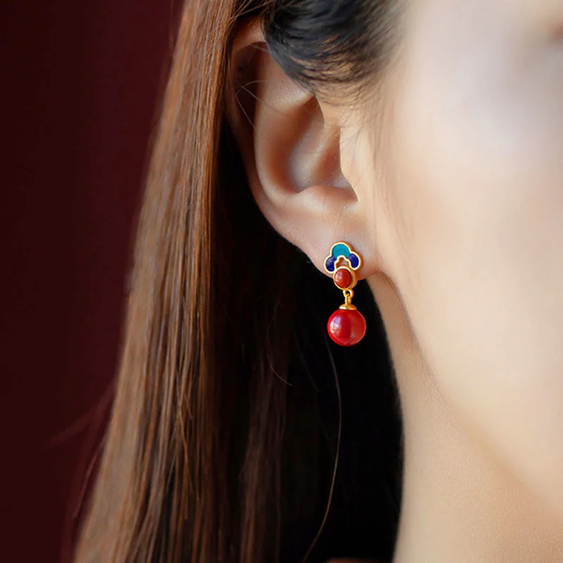 925 Sterling Silver Plated Gold Cinnabar Red Agate Jewelry Set