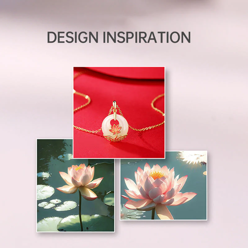 Renbeads 925 Sterling Silver Hetian White Jade Lotus Flower Blessing Necklace Pendant