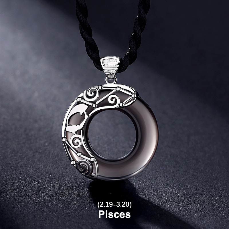 12 Constellations Zodiac Ice Obsidian Blessing Round Pendant Necklace