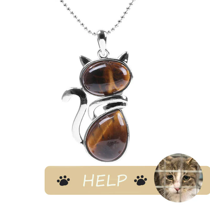 Cute Cat Pattern Natural Crystal Protection Pendant Necklace