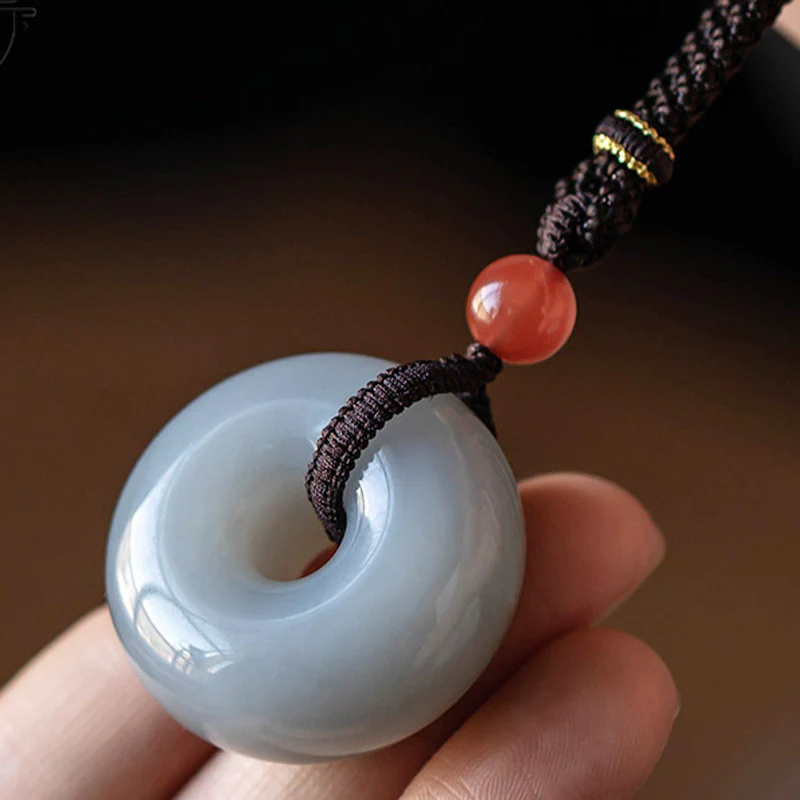 Natural Round Gray Jade Peace Buckle Luck Necklace Pendant