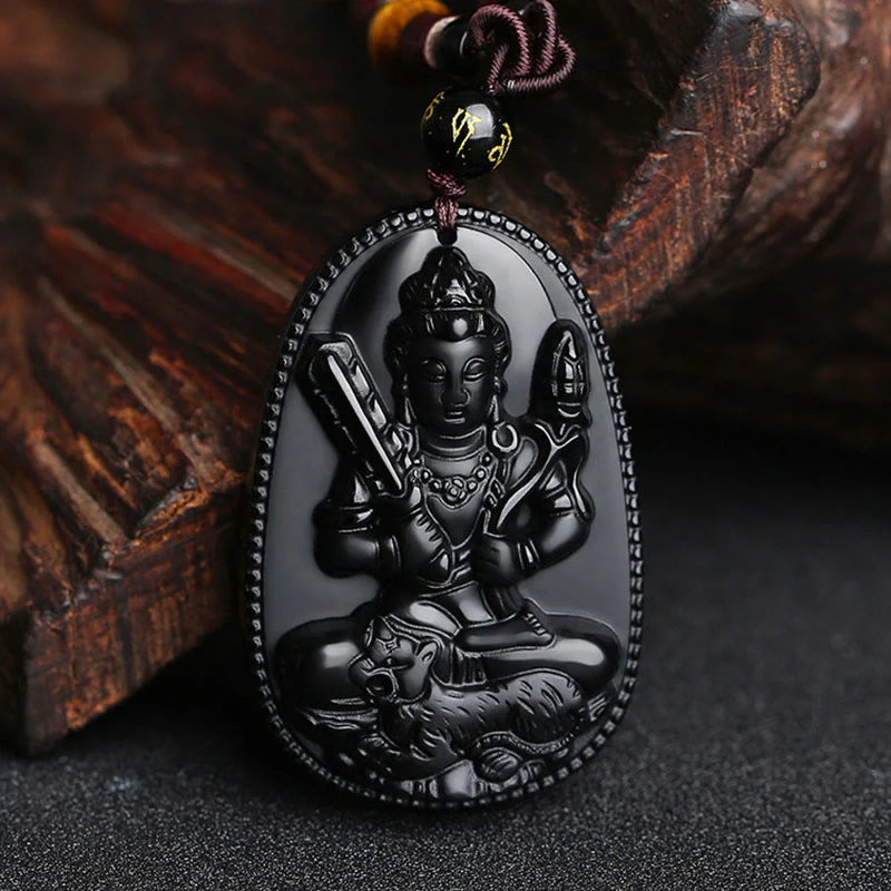Chinese Zodiac Buddha Natural Black Obsidian Purification Necklace Pendant