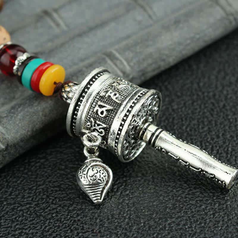Tibetan Om Mani Padme Hum Prayer Wheel Rotating Vajra Wood Necklace Pendant