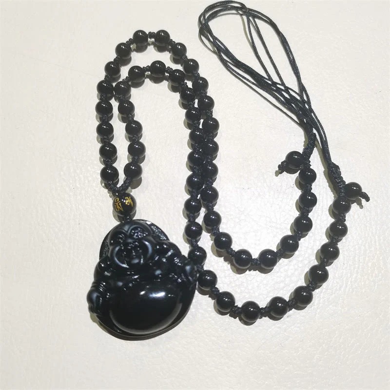 Natural Black Obsidian Ice Obsidian Laughing Buddha Purification Necklace Pendant