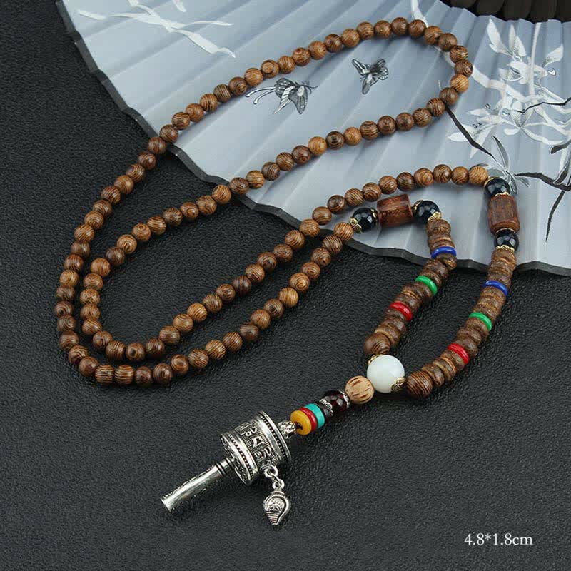 Tibetan Om Mani Padme Hum Prayer Wheel Rotating Vajra Wood Necklace Pendant