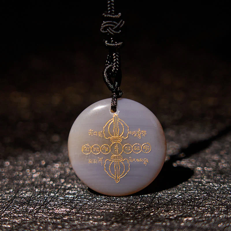 Vajra Dorje Sanskrit Pattern Natural Various Crystal Black Obsidian Fulfillment Necklace Pendant