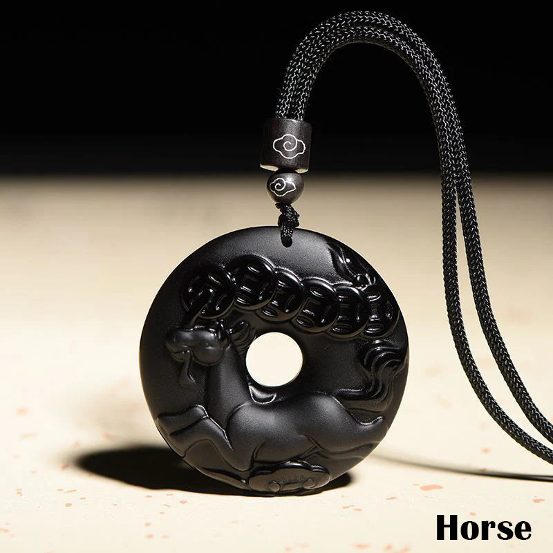 Chinese Zodiac Natural Black Obsidian Peace Buckle Strength Necklace Pendant