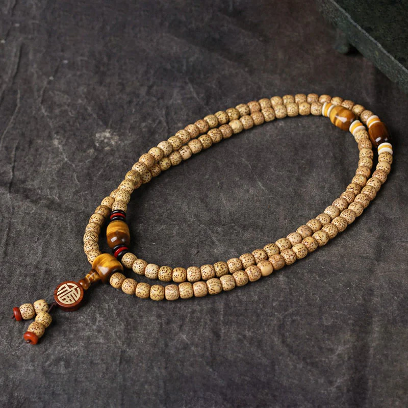 Renbeads 108 Mala Beads Bodhi Seed Tiger's Eye Fu Character Peace Bracelet