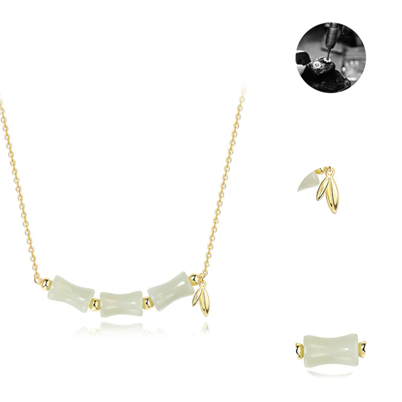 925 Sterling Silver Hetian Jade Bamboo Fu Character Prosperity Necklace and Bracelet