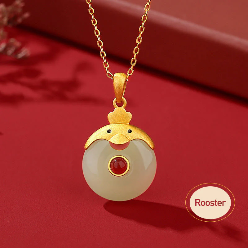 925 Sterling Silver Hetian Jade Chinese Zodiac Year of the Dragon Red Agate Luck Protection Necklace Pendant