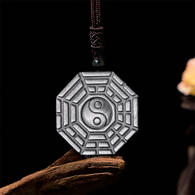 Silver Sheen Obsidian Bagua Yin Yang Symbol Protection Necklace Pendant