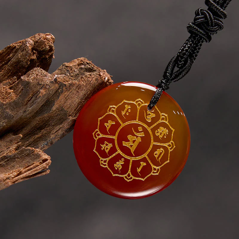 Om Mani Padme Hum Natural Various Crystal Black Obsidian Strength Necklace Pendant