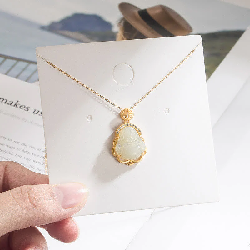 Renbeads 925 Sterling Silver Laughing Buddha Hetian White Jade Protection Necklace Pendant