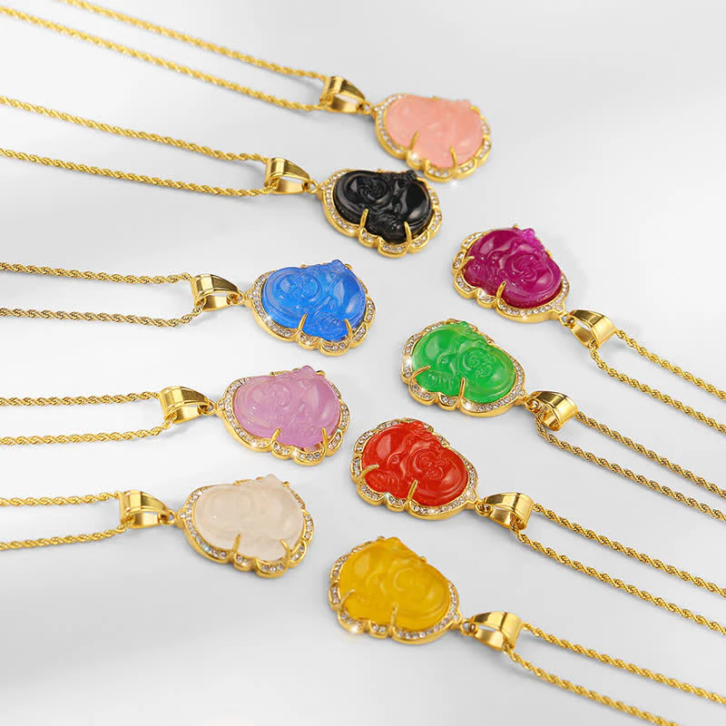 18K Gold Filled Laughing Buddha Jade Luck Necklace Pendant