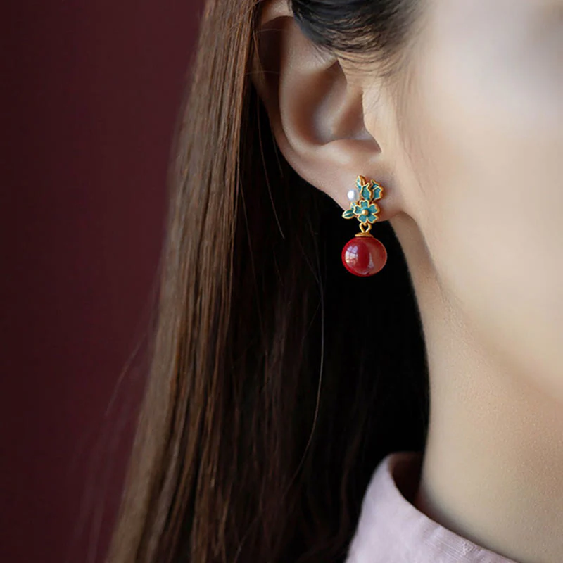 925 Sterling Silver Plated Gold Cinnabar Pearl Flower Jewelry Set