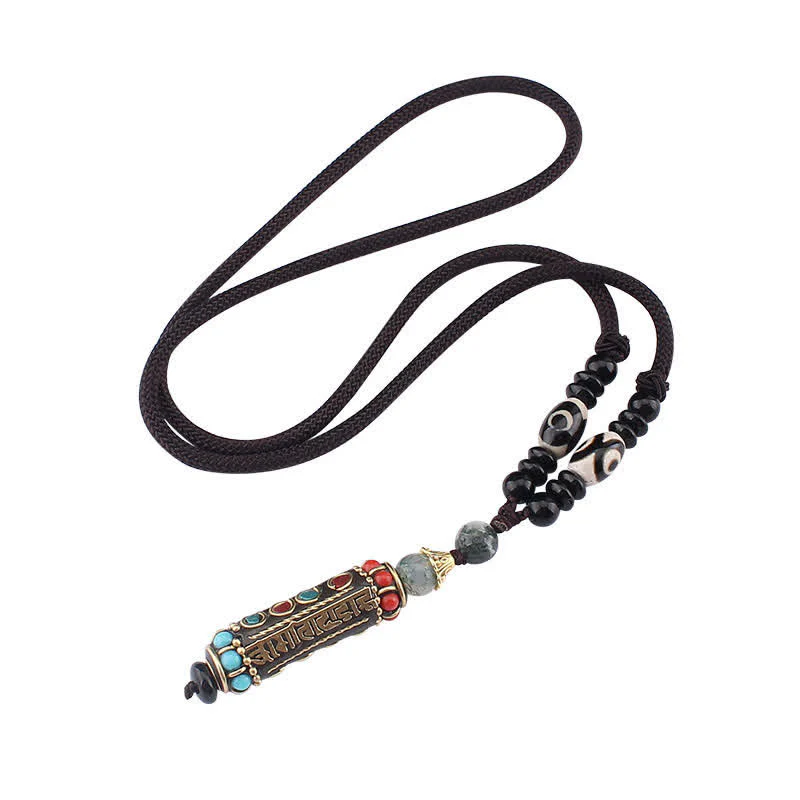 Tibetan Om Mani Padme Hum Dzi Bead Wenge Wood Necklace Pendant