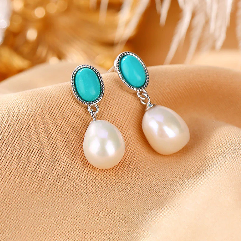 925 Sterling Silver Pearl Turquoise Healing Necklace Pendant Ring Earrings Set