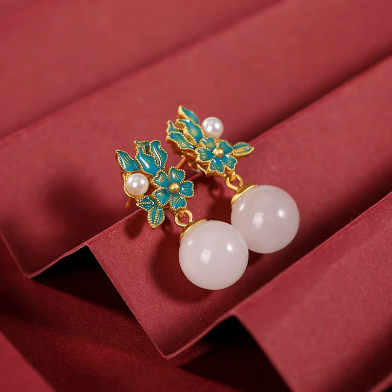 White Jade 925 Sterling Silver Pearl Flower Blessing Necklace Pendant Ring Earrings