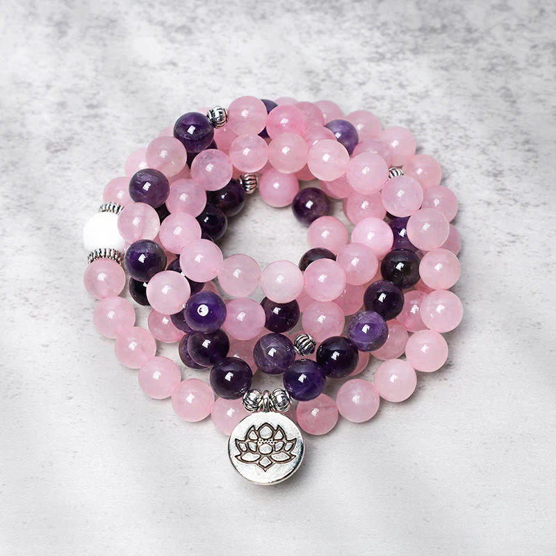 Renbeads Natural Rose Quartz & Amethyst Mala Bead Lotus Pendant Bracelet