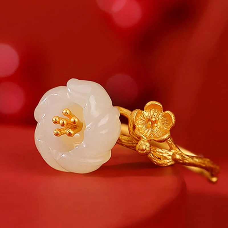 925 Sterling Silver Plated Gold Hetian Jade Plum Blossom Luck Jewelry Set